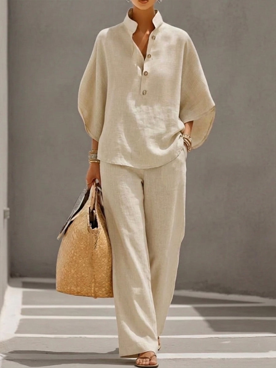 Mariel | Conjunto de algodón y lino con mangas murciélago y pantalones anchos