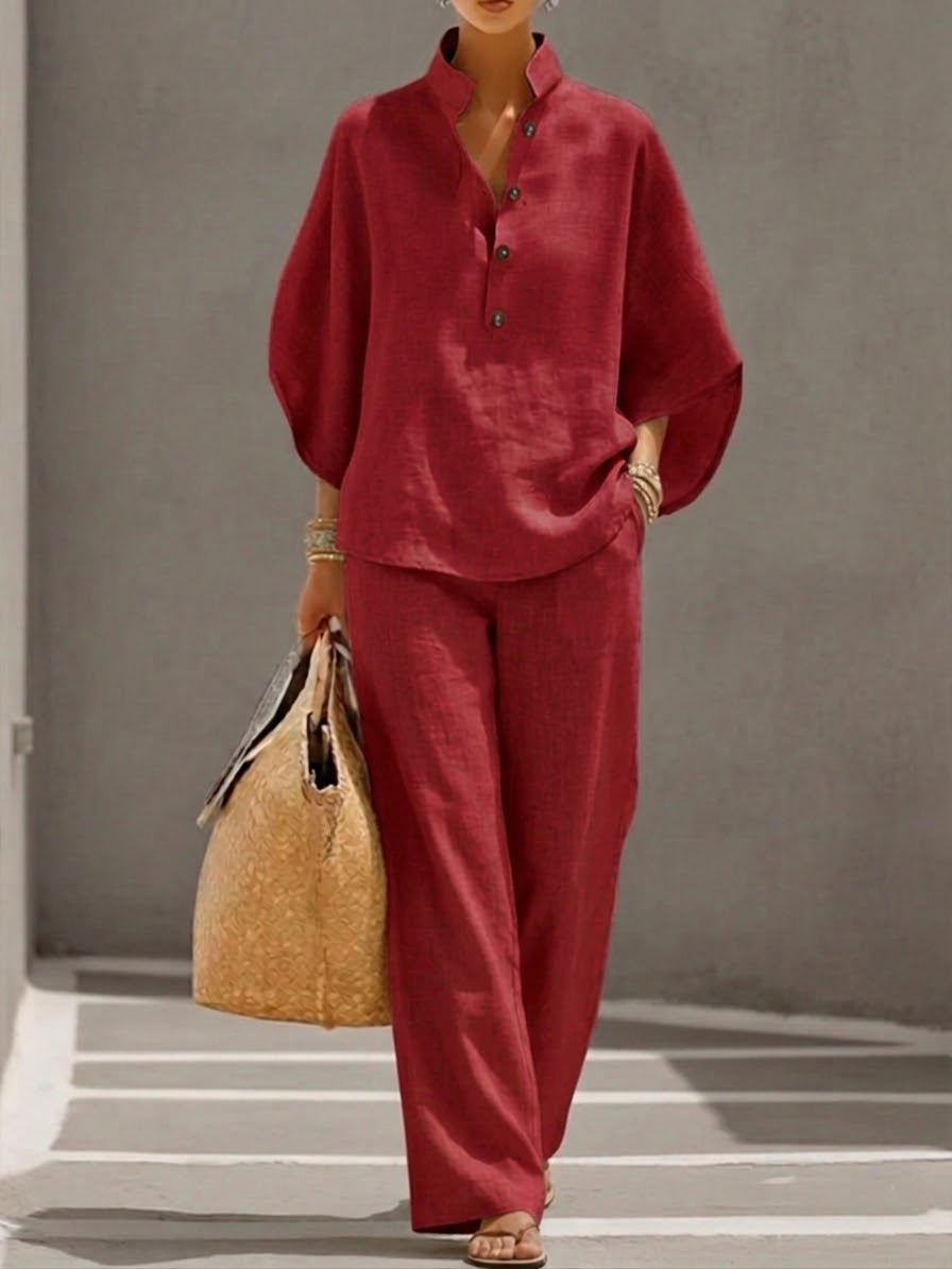 Mariel | Conjunto de algodón y lino con mangas murciélago y pantalones anchos