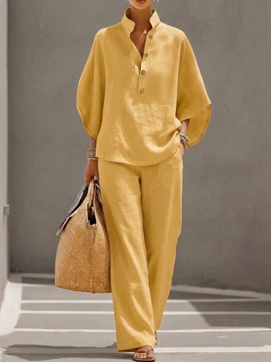 Mariel | Conjunto de algodón y lino con mangas murciélago y pantalones anchos